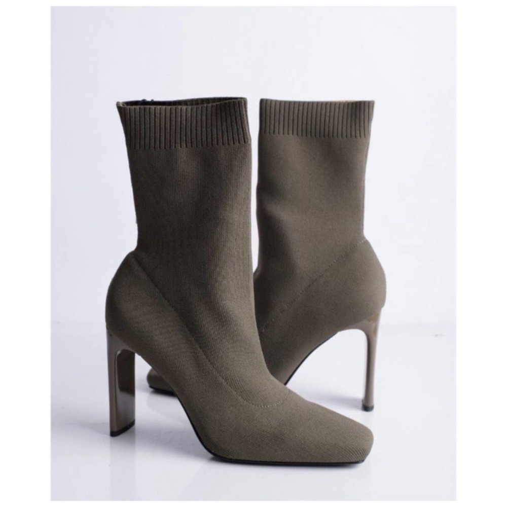 Zara Square Toe Sock Booties - Olive
